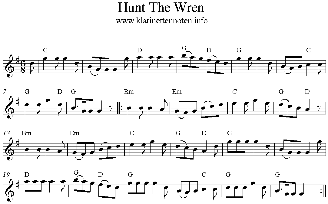 Hunt The Wren, Freesheet Music, G-Major, Clarinet